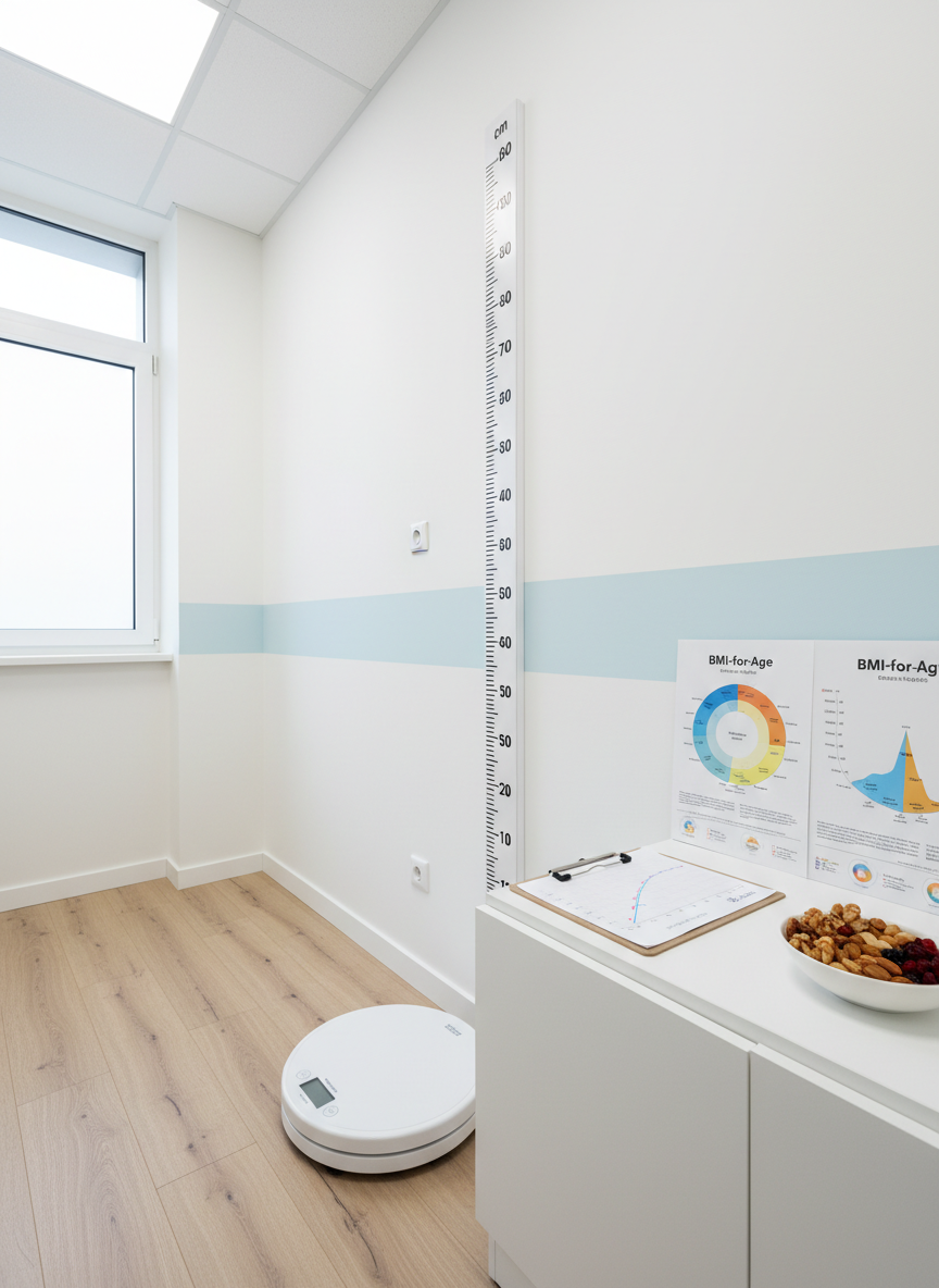 An organized pediatric growth and nutrition monitoring station, photographed in a minimalist medical office with no people. A digital scale for children sits on a light wooden floor beside a wall-mounted stadiometer with clearly marked height measurements. Adjacent is a white cabinet top where a clipboard with a partially filled growth chart, a colorful BMI-for-age chart, and a small bowl of assorted nuts and dried fruit are neatly arranged. The walls are white with a soft pastel blue stripe running horizontally. Diffused overhead lighting and indirect window light combine to create a bright yet gentle atmosphere. Photographic realism, eye-level composition, sharp focus throughout. The mood is reassuring and transparent, emphasizing careful, evidence-based monitoring without anxiety.