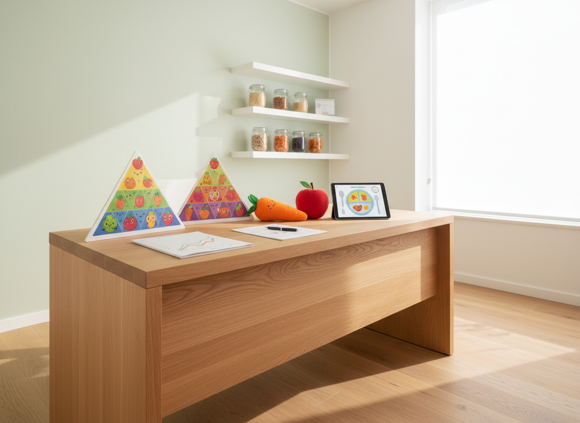 A bright, modern nutrition studio in Genoa, shown without any people, where the main subject is a wooden consultation desk neatly arranged with pediatric nutrition tools: colorful illustrated food pyramids for children, a small plush carrot and apple, a digital tablet displaying a balanced plate graphic, and a notepad with a printed growth chart. The room has white walls, a pale green accent wall, and a large window with soft daylight streaming in, casting gentle shadows on the light oak floor. In the blurred background, minimalist white shelves hold glass jars filled with grains and legumes. Photographic realism, eye-level composition, calm and welcoming atmosphere, with a shallow depth of field emphasizing the desk as a compassionate, professional space for nutritional guidance.