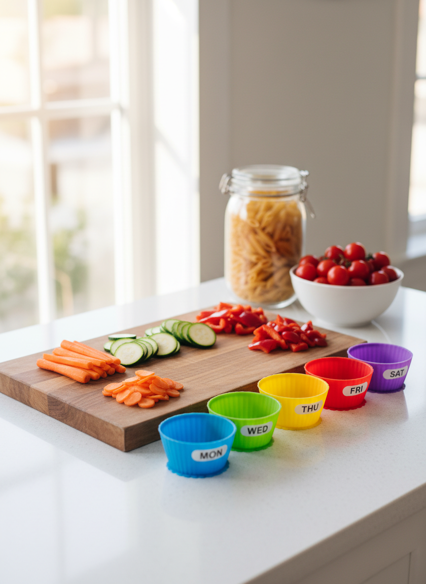 A clean kitchen countertop scene symbolizing family nutrition, with no people present. On a smooth white quartz surface, a large wooden cutting board holds neatly sliced carrots, zucchinis, and red peppers arranged in small piles, next to a set of tiny, colorful silicone bowls labeled with days of the week. A glass jar of wholegrain pasta and a bowl of fresh cherry tomatoes sit in the background. Soft morning light from a nearby window creates a bright, natural glow, with subtle reflections on the countertop. Photographic realism, slightly elevated angle, crisp focus on the foods with a gently blurred background. The mood is optimistic and practical, conveying organized meal planning and a balanced approach to healthy eating for children and adults.