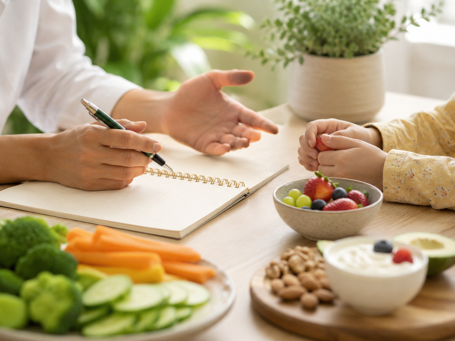 Consulenza di nutrizione pediatrica con mani di adulto e bambino, frutta fresca e alimenti sani sul tavolo